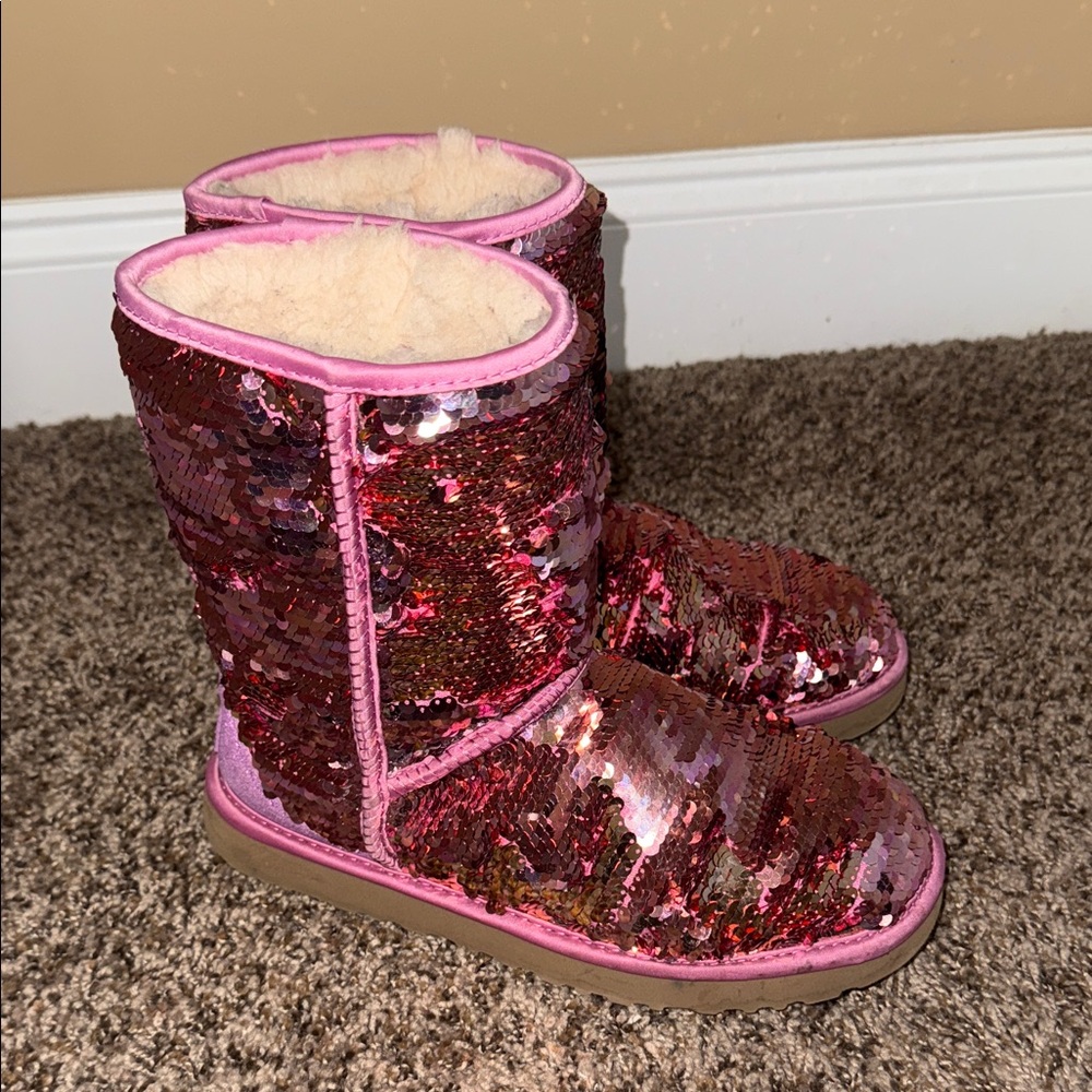 UGG Pink and Red Sequin Boots with Fur